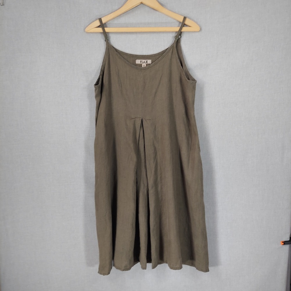 FLAX Linen Dress S Olive Green Sleeveless Pockets Lagenlook Minimalist Midi - Picture 2 of 10